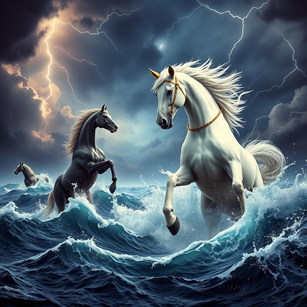 A stunning scene featuring a beautiful, white mythical horse with golden ears and an exquisite golden bridle, engaged in a fierce battle in a tumultuous, cloudy sky