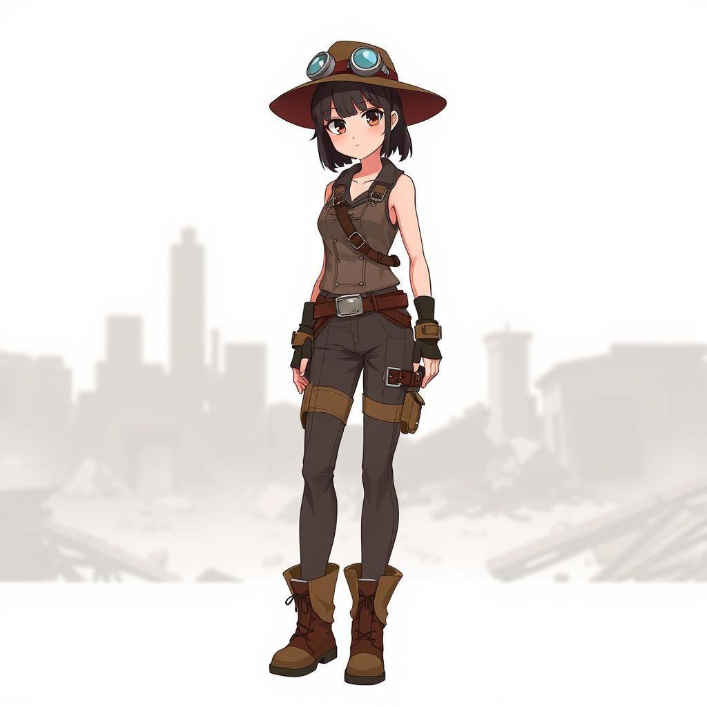 A full-body anime-style illustration of a young female adventurer in a post-apocalyptic steampunk outfit