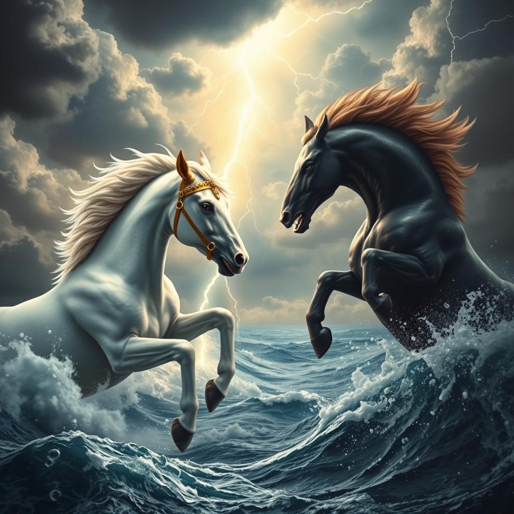A breathtaking scene depicting a beautiful, white mythical horse with golden ears and an ornate golden bridle, engaged in a dramatic battle within a tempestuous, cloudy sky