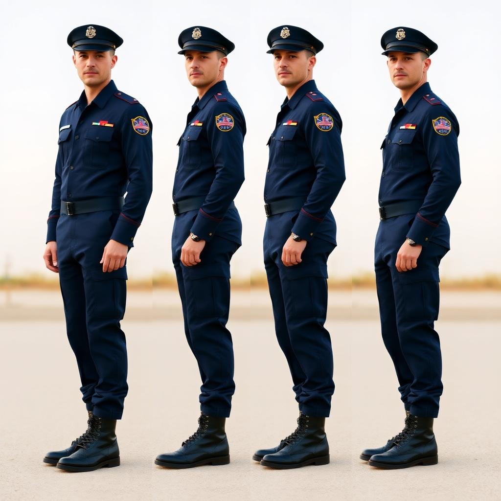 A full-length military uniform for men in a rich navy blue color, designed for functionality and style