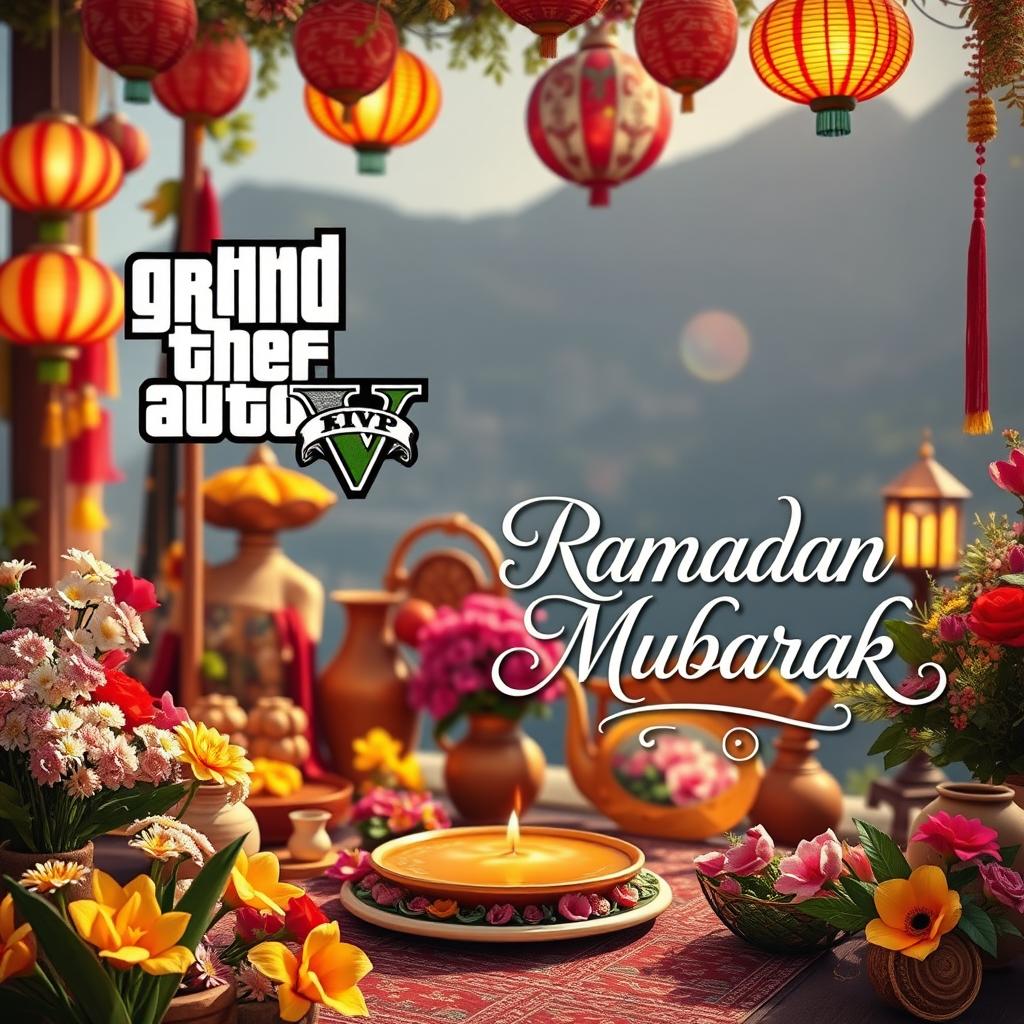 A vibrant background representing the celebration of Nowruz, inspired by the atmosphere of Grand Theft Auto