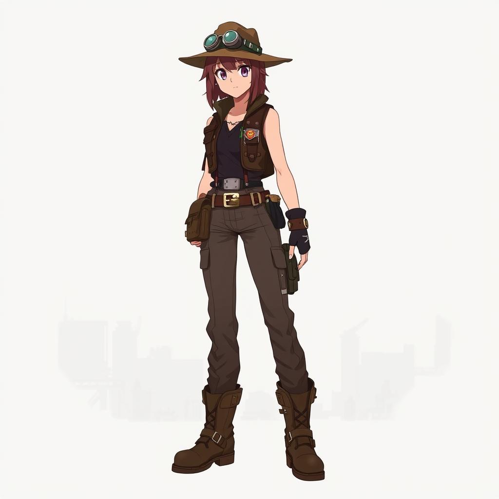 A full-body anime-style illustration of a young female adventurer wearing a post-apocalyptic/steampunk outfit
