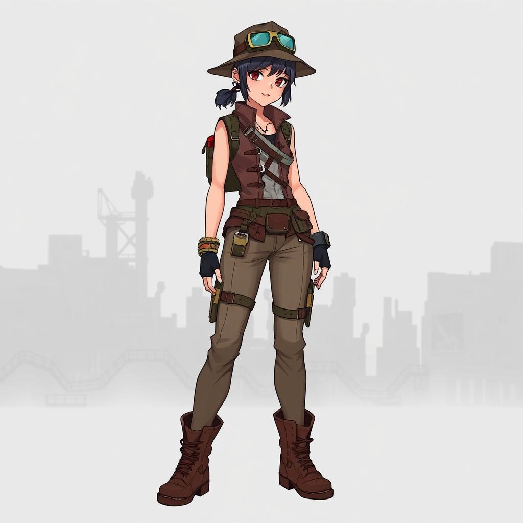 A full-body illustration of a young female adventurer in a post-apocalyptic steampunk outfit