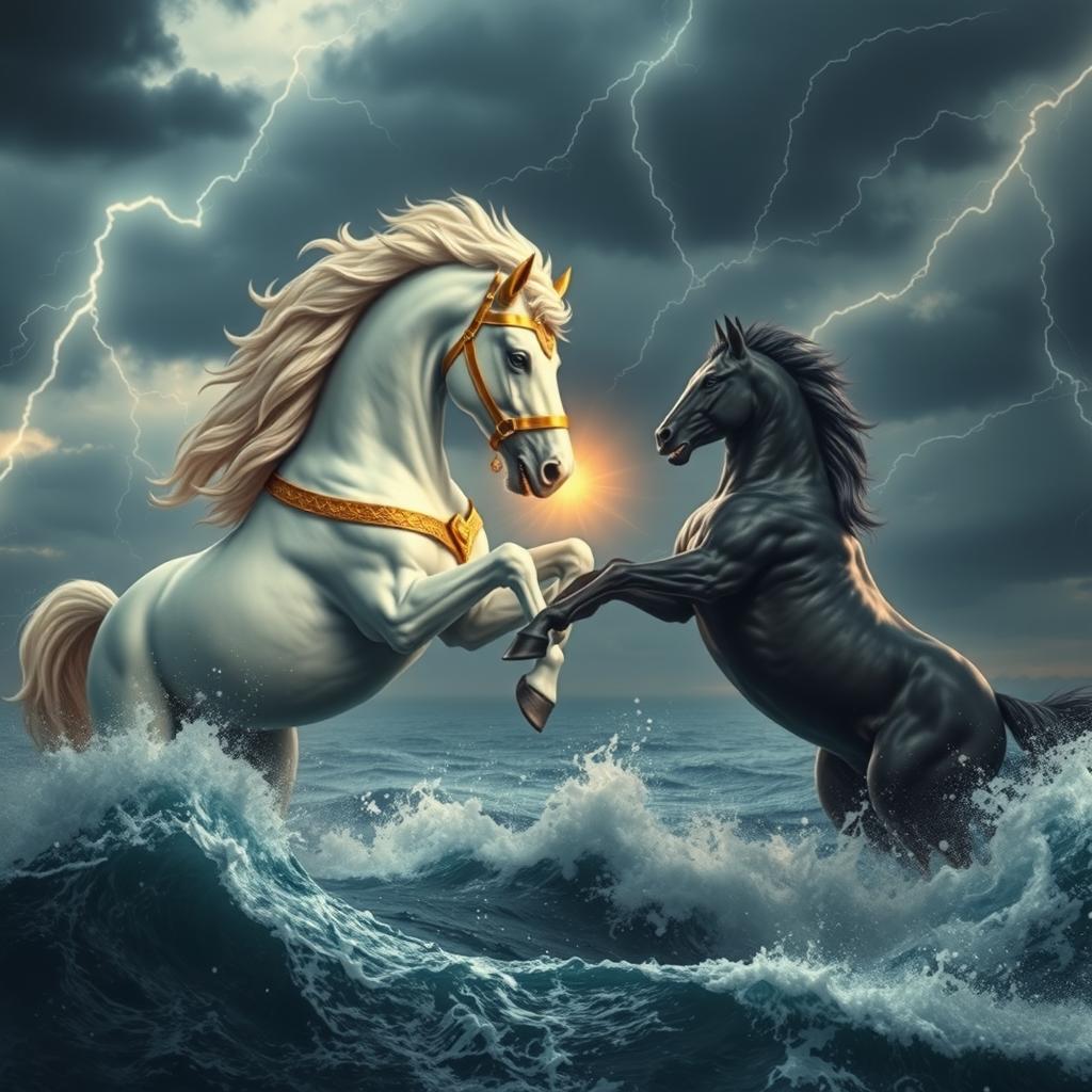 An awe-inspiring scene featuring a beautiful and large mythical horse with a shimmering white coat, golden ears, and a lavish golden bridle, locked in a fierce battle within a dramatic, cloudy sky