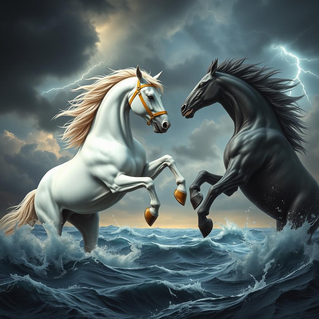 An awe-inspiring depiction of a beautiful, large, white mythical horse with golden ears and a luxurious golden bridle, engaged in a fierce battle against a backdrop of a turbulent, cloudy sky