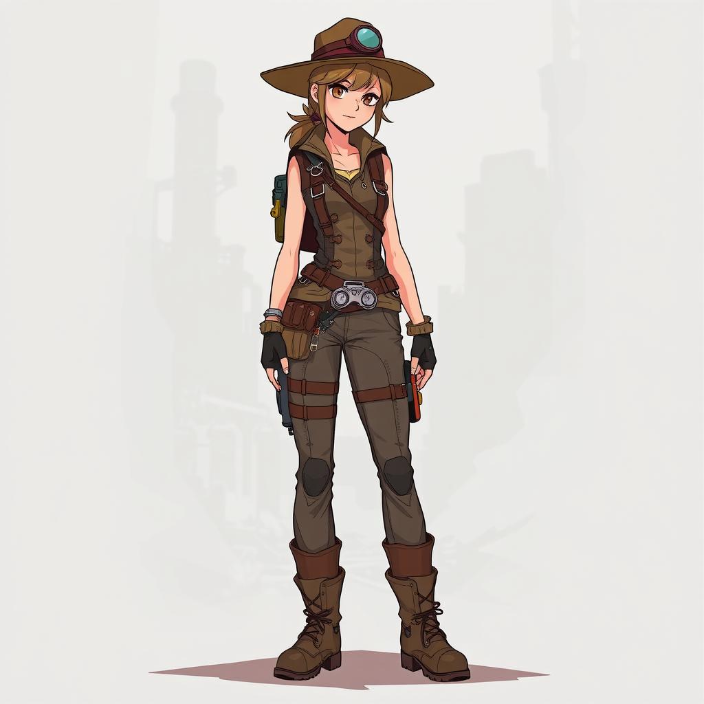 A full-body style illustration of a young female adventurer in a post-apocalyptic steampunk outfit