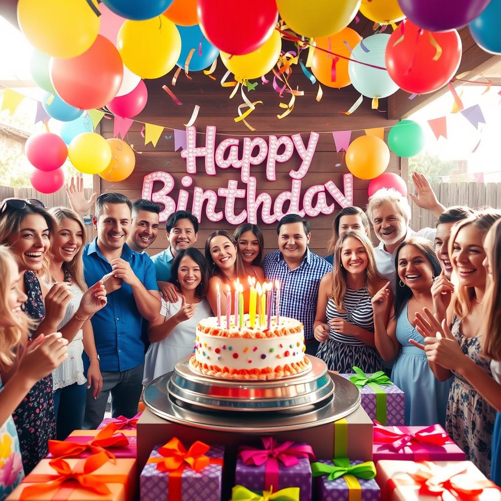 A vibrant and festive birthday scene filled with colorful decorations like balloons and banners
