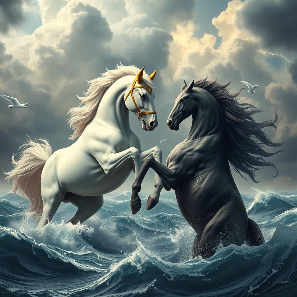 An enchanting scene showcasing a beautiful and large mythical horse, pure white with striking golden ears and a luxurious golden bridle, fiercely battling in a turbulent, cloudy sky