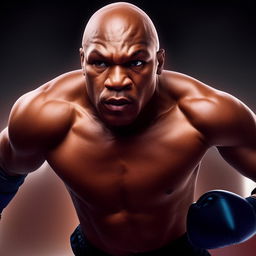 Depict a powerfully built, dynamic image of retired professional boxer, Mike Tyson, in full sprint with intense focus.