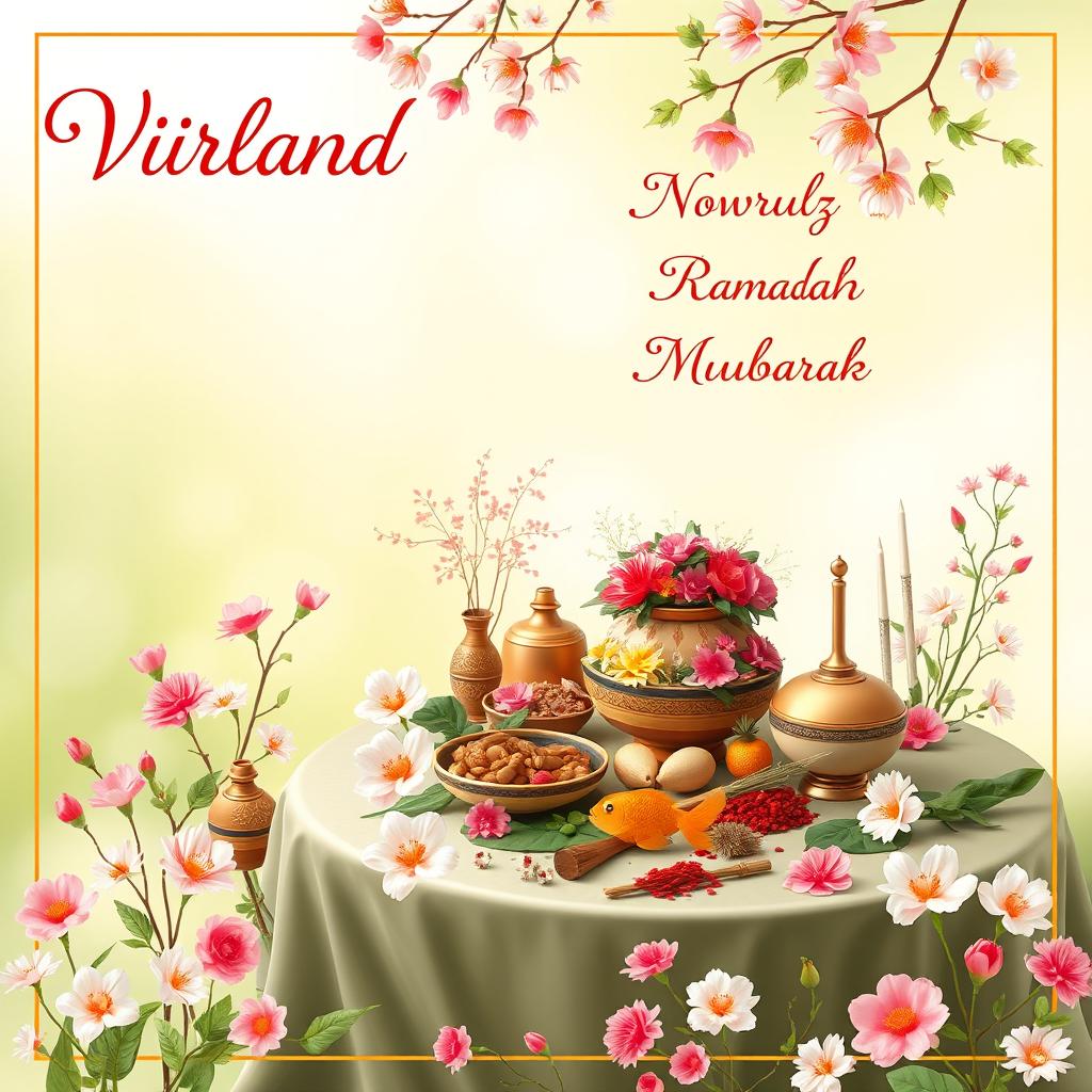 A vibrant spring-themed background featuring the text 'Vinland RP' written in elegant calligraphy in the upper left corner, conveying a festive Nowruz atmosphere