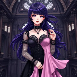 A gothic anime girl with flowing dark purple hair styled elegantly stands in an opulent gothic mansion