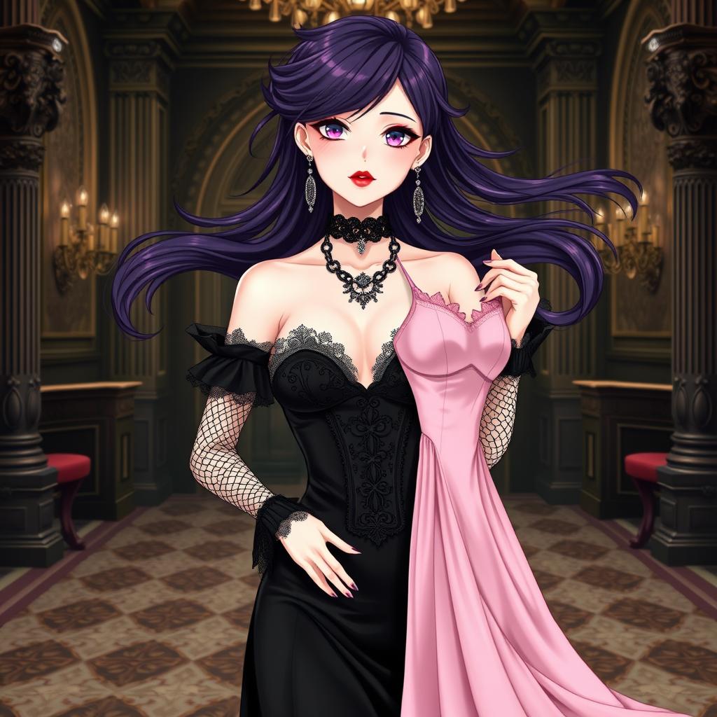 A gothic anime girl with flowing dark purple hair styled elegantly stands in an opulent gothic mansion