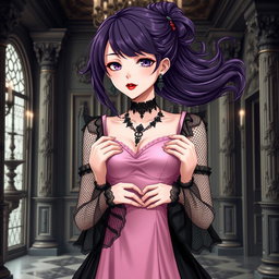 A gothic anime girl with flowing dark purple hair styled elegantly stands in an opulent gothic mansion