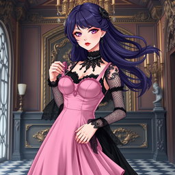 A gothic anime girl with flowing dark purple hair styled elegantly stands in an opulent gothic mansion