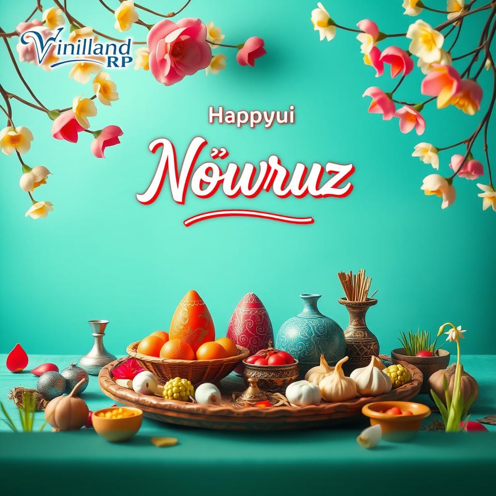 A vibrant, spring-themed background celebrating Nowruz (Persian New Year), featuring a beautiful Haft-Seen table arranged with traditional items such as goldfish, painted eggs, garlic, and sprouts
