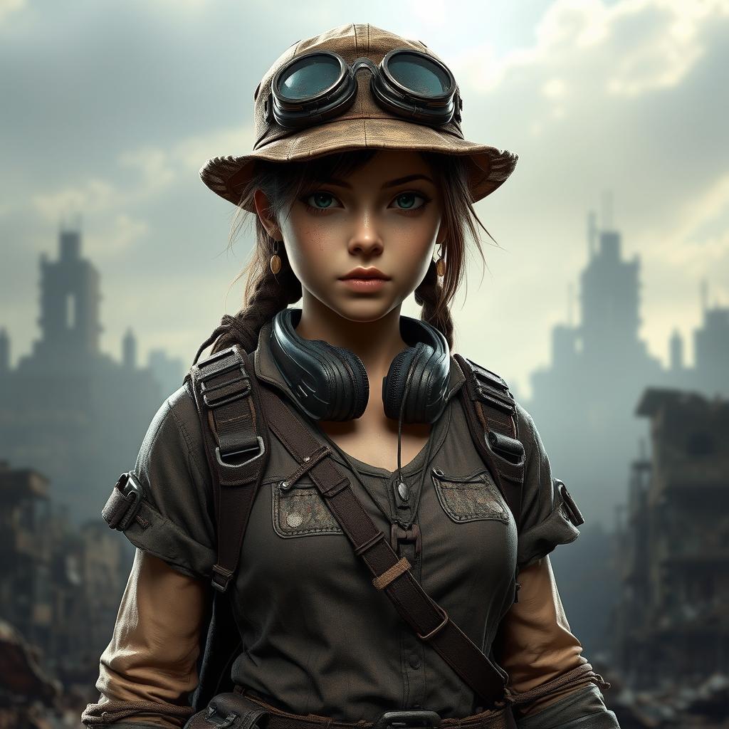 A highly detailed, realistic 3D game concept art illustration of a young female adventurer in a post-apocalyptic setting