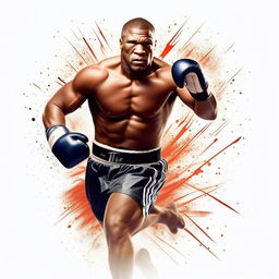 Depict a powerfully built, dynamic image of retired professional boxer, Mike Tyson, in full sprint with intense focus.