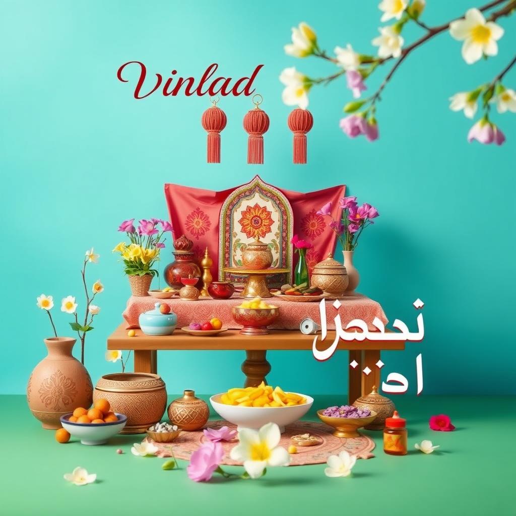 A vibrant spring-themed background featuring a beautiful Haft-Seen table arrangement filled with traditional items symbolizing the Persian New Year