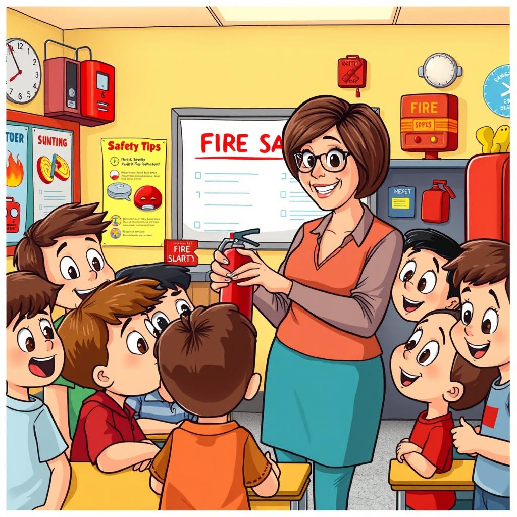 A teacher demonstrating fire safety to a group of students in a colorful, vibrant classroom