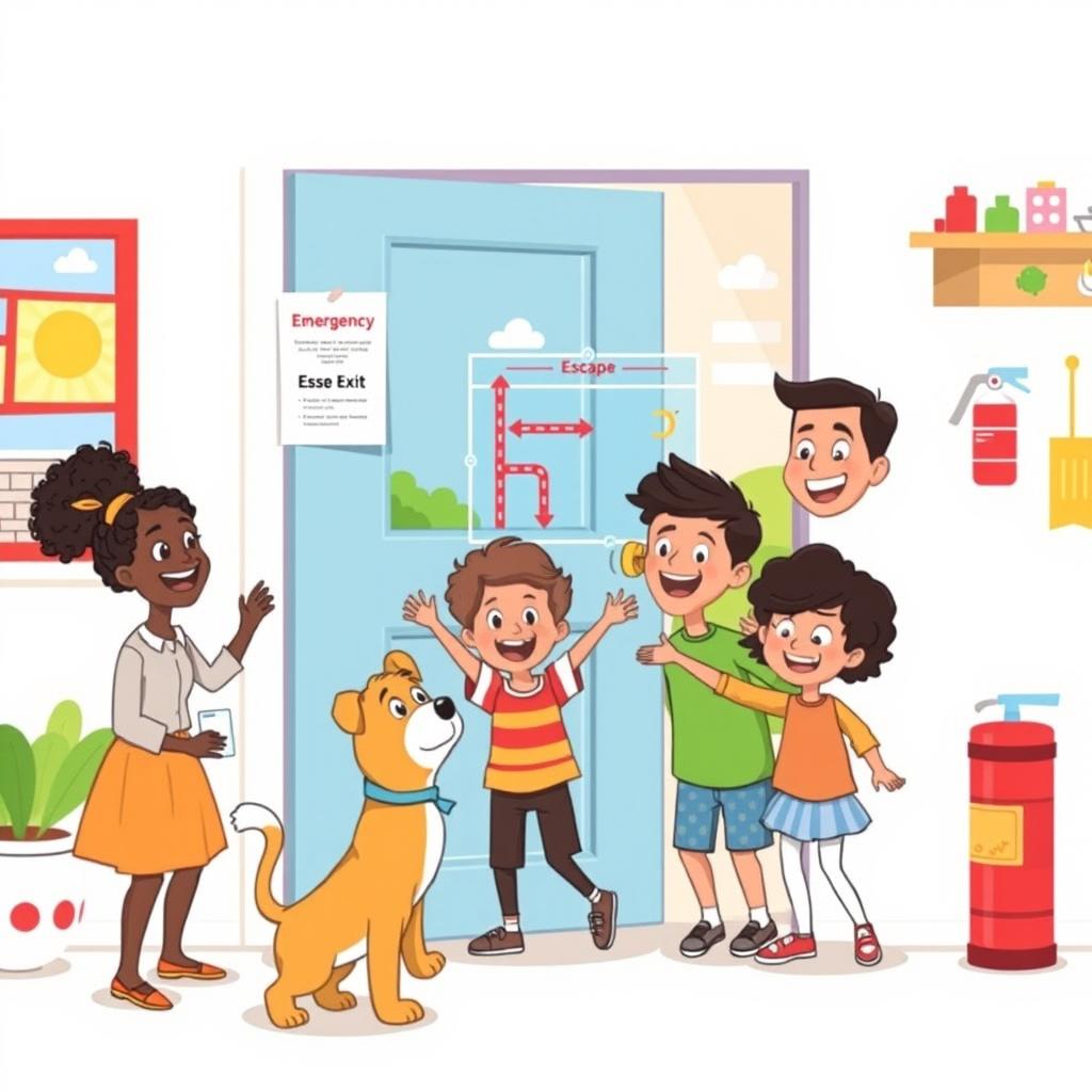 A vibrant cartoon-style illustration of a diverse family practicing an emergency escape plan in a home setting