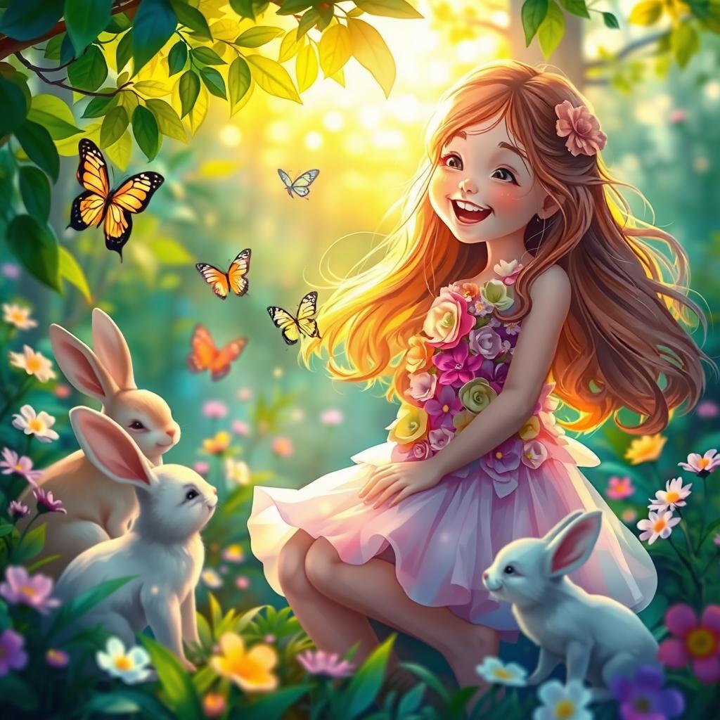 A magical forest scene filled with vibrant colors, showcasing a young girl with long flowing hair, joyfully interacting with friendly animals like rabbits and butterflies