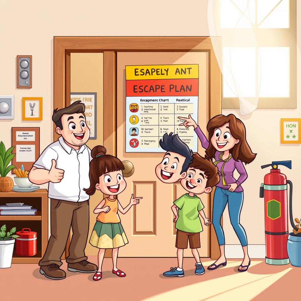 A lively cartoon-style illustration depicting a cheerful family practicing an emergency escape plan inside their home