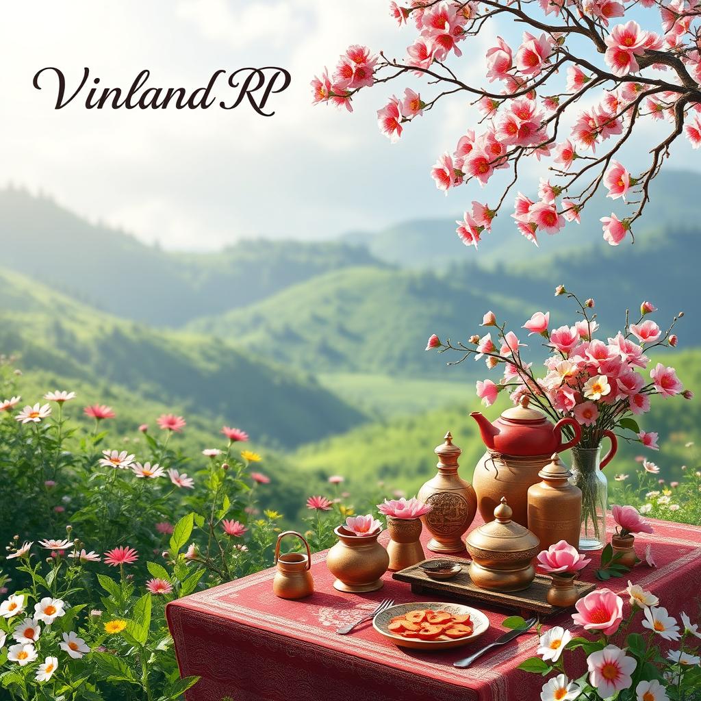 A beautiful spring-themed background featuring a lush green landscape with vibrant flowers and natural elements, embodying the beauty of nature