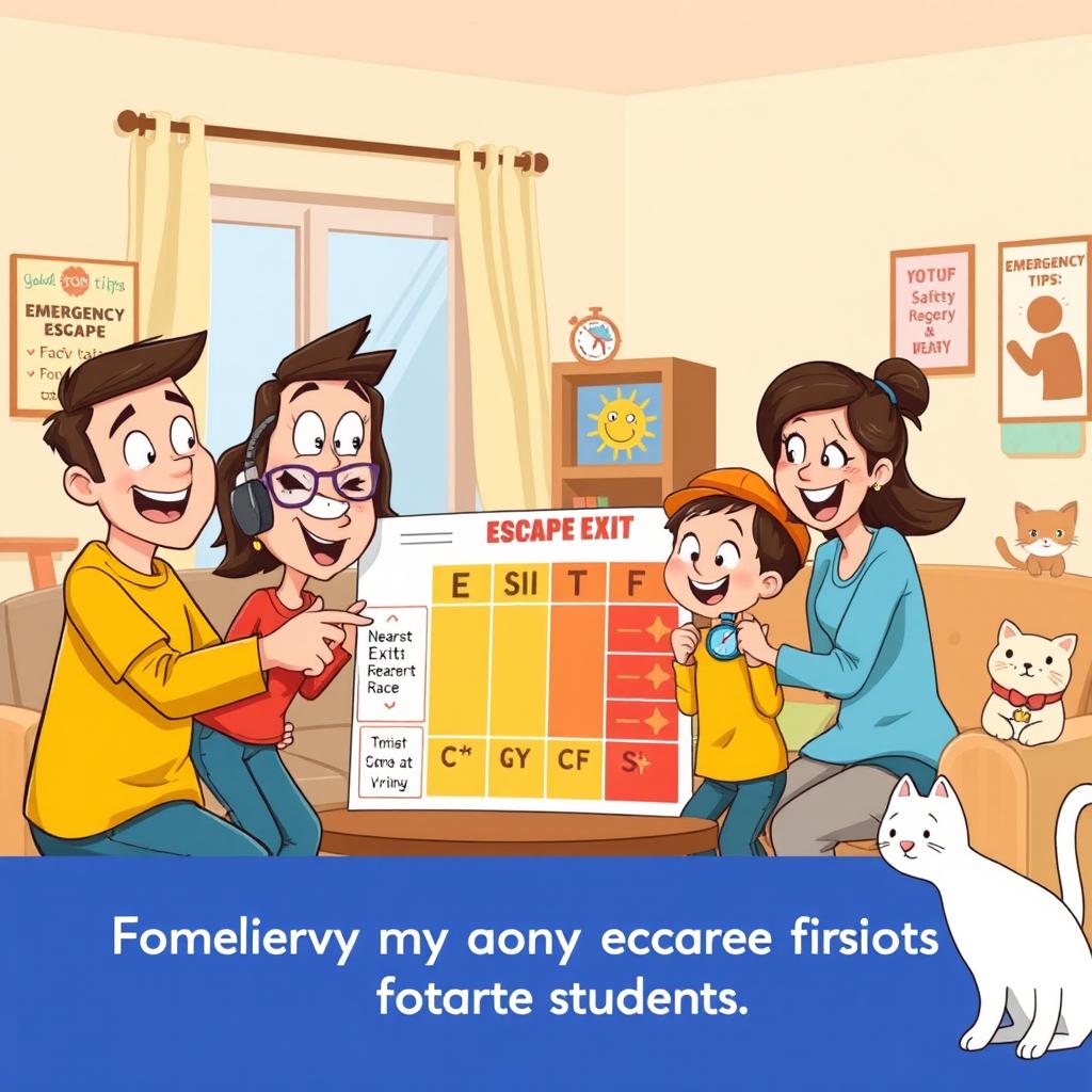 A cheerful cartoon-style illustration of a family practicing an emergency escape plan in their cozy living room