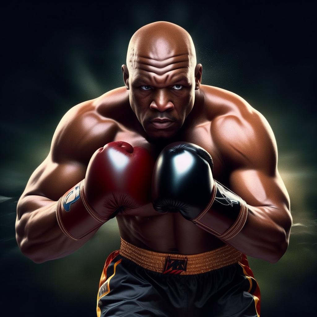 Depict a powerfully built, dynamic image of retired professional boxer, Mike Tyson, in full sprint with intense focus.