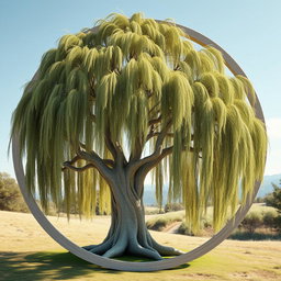A detailed and natural depiction of a robust weeping willow tree with intricate bark carvings