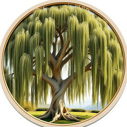 A detailed and natural depiction of a robust weeping willow tree with intricate bark carvings