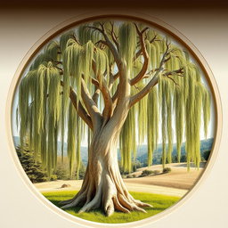 A detailed and natural depiction of a robust weeping willow tree with intricate bark carvings