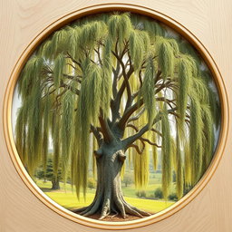 A detailed and natural depiction of a robust weeping willow tree with intricate bark carvings