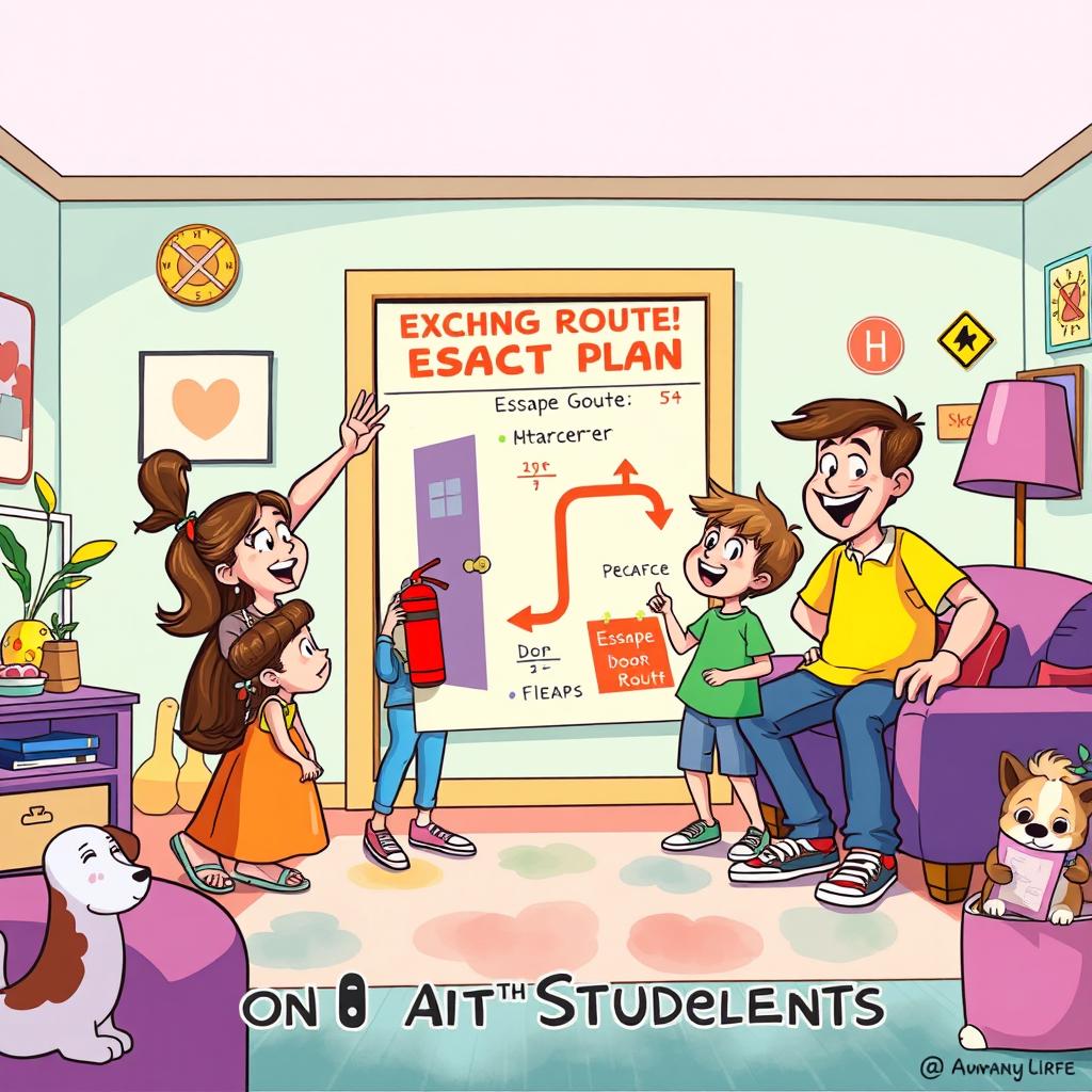 A fun and colorful cartoon-style illustration of a family engaged in practicing an emergency escape plan inside their lively living room