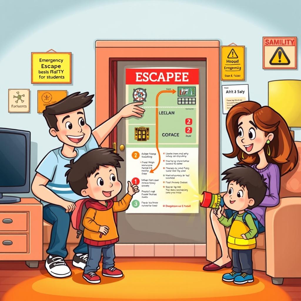 A vibrant cartoon-style illustration showing a family actively practicing an emergency escape plan in their animated living room