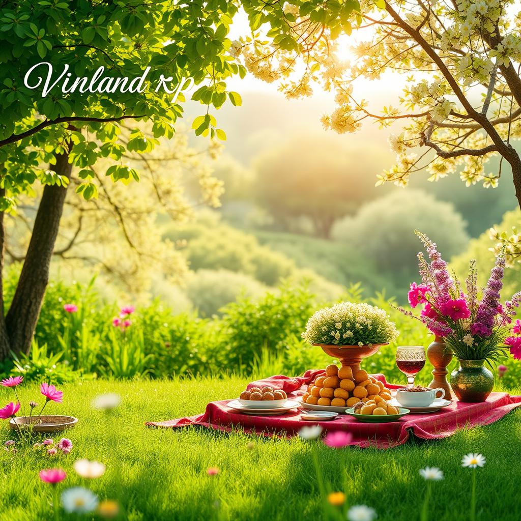 A vibrant spring-themed background featuring lush greenery and a natural landscape