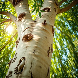 A close-up, circular framed image of a sturdy, weeping willow tree, showcasing intricate carvings on its trunk