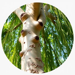A close-up, circular framed image of a sturdy, weeping willow tree, showcasing intricate carvings on its trunk