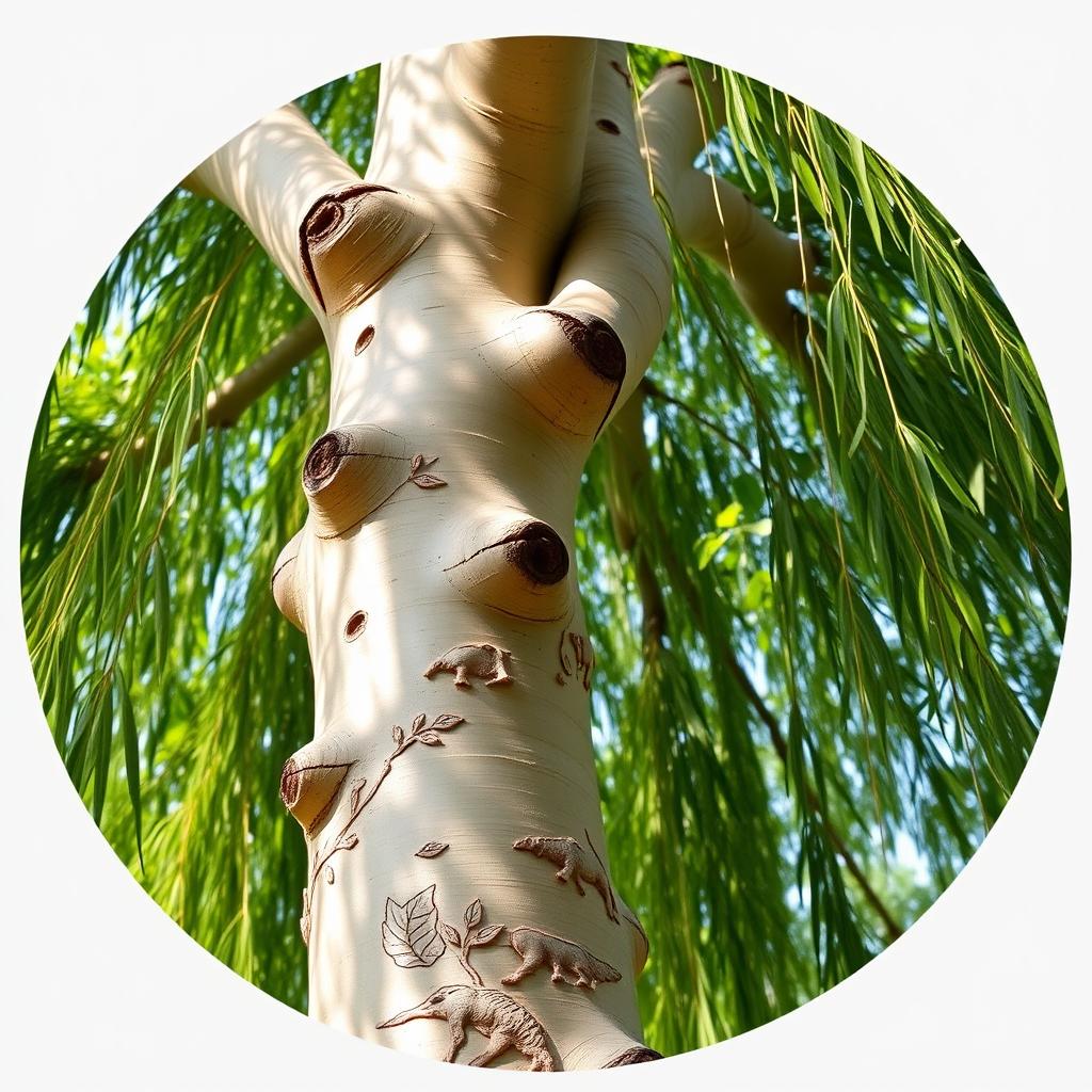 A close-up, circular framed image of a sturdy, weeping willow tree, showcasing intricate carvings on its trunk