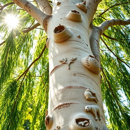 A close-up, circular framed image of a sturdy, weeping willow tree, showcasing intricate carvings on its trunk