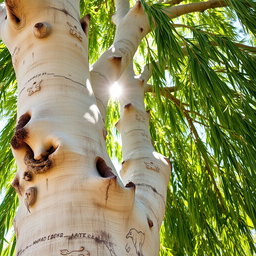 A close-up, circular framed image of a sturdy, weeping willow tree, showcasing intricate carvings on its trunk