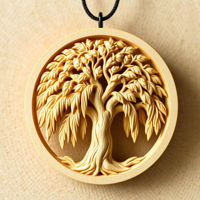 A beautifully detailed carving of a majestic, thick weeping willow tree, designed for a necklace