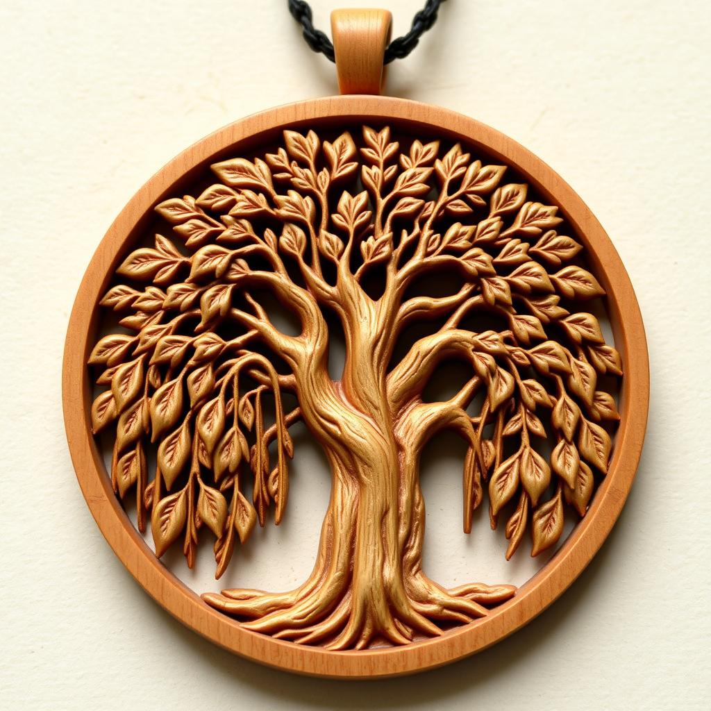 A beautifully detailed carving of a majestic, thick weeping willow tree, designed for a necklace