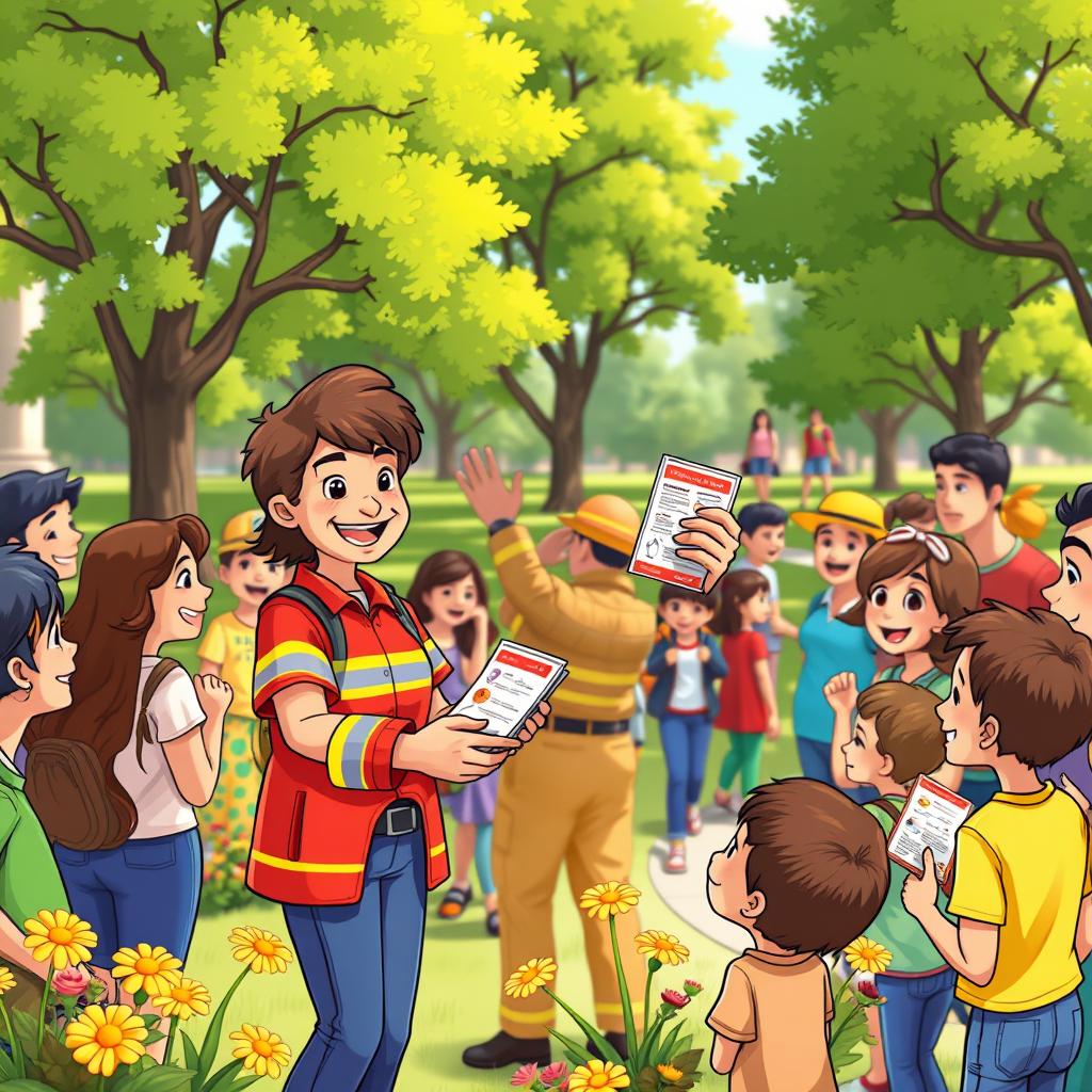 A vibrant cartoon scene depicting a community volunteer energetically handing out bright fire safety pamphlets to an enthusiastic crowd in a sunny park