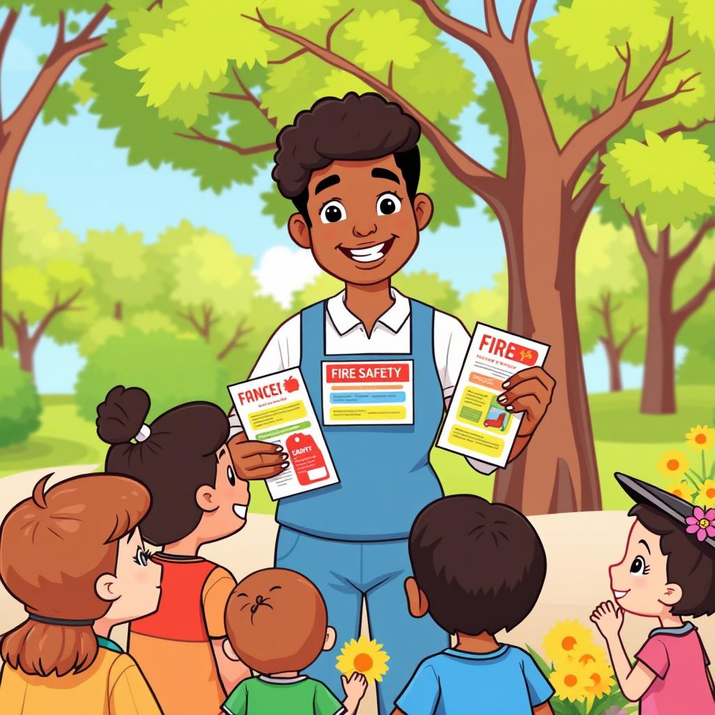 A friendly community volunteer handing out colorful fire safety pamphlets, in a vibrant and playful cartoon art style