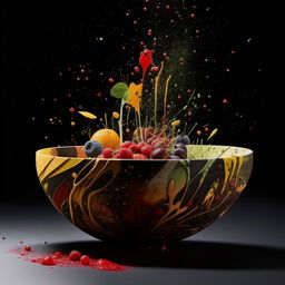 A high-definition, conceptual image of a deconstructed fruit bowl with artistically arranged splatters and an elegant composition.