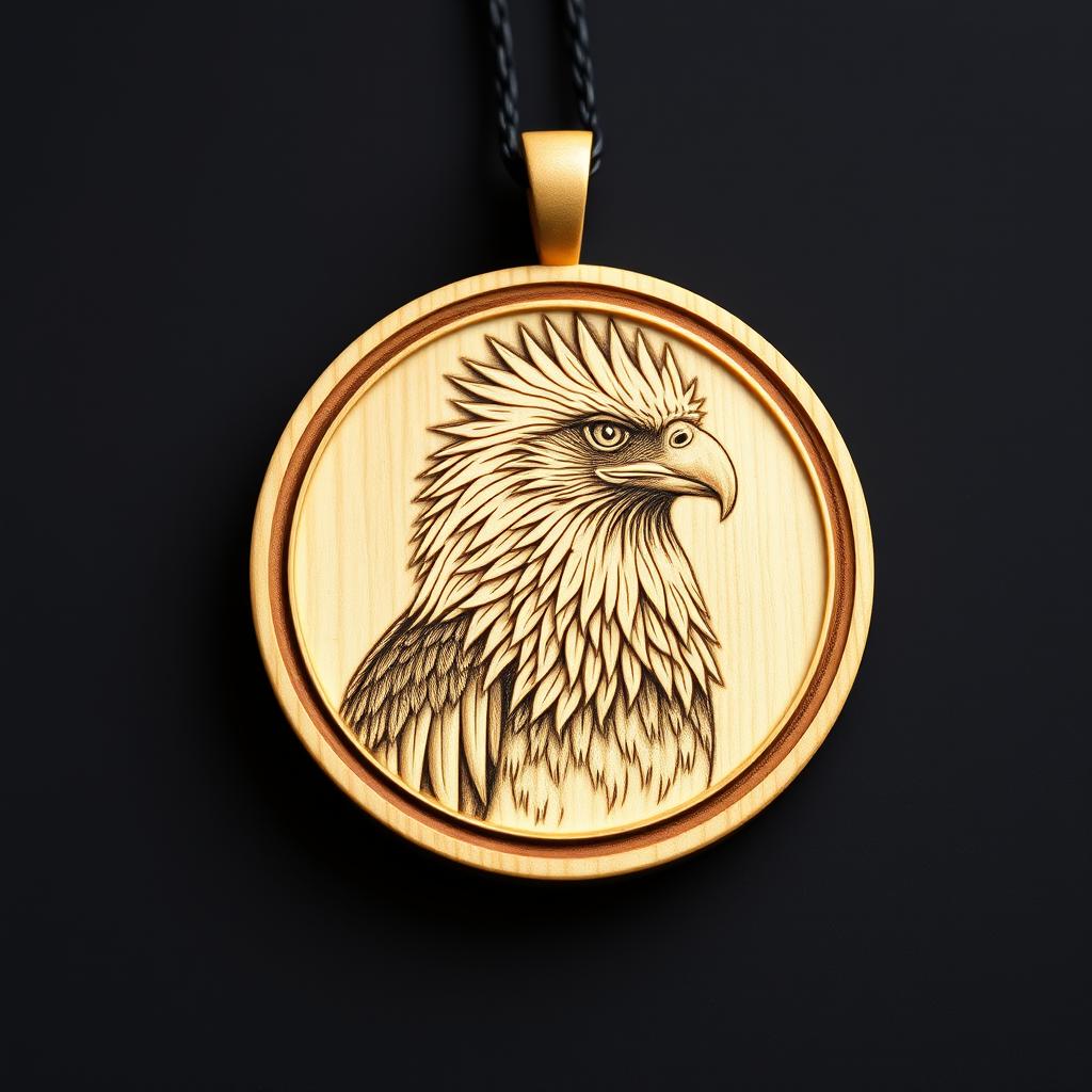 A beautiful detailed engraving of a majestic African crowned eagle, symbolizing strength, suitable for a carved wooden necklace