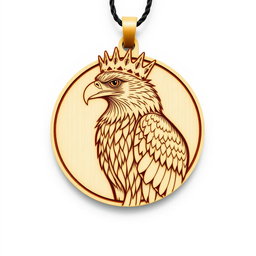 A beautiful detailed engraving of a majestic African crowned eagle, symbolizing strength, suitable for a carved wooden necklace