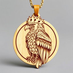 A beautiful detailed engraving of a majestic African crowned eagle, symbolizing strength, suitable for a carved wooden necklace