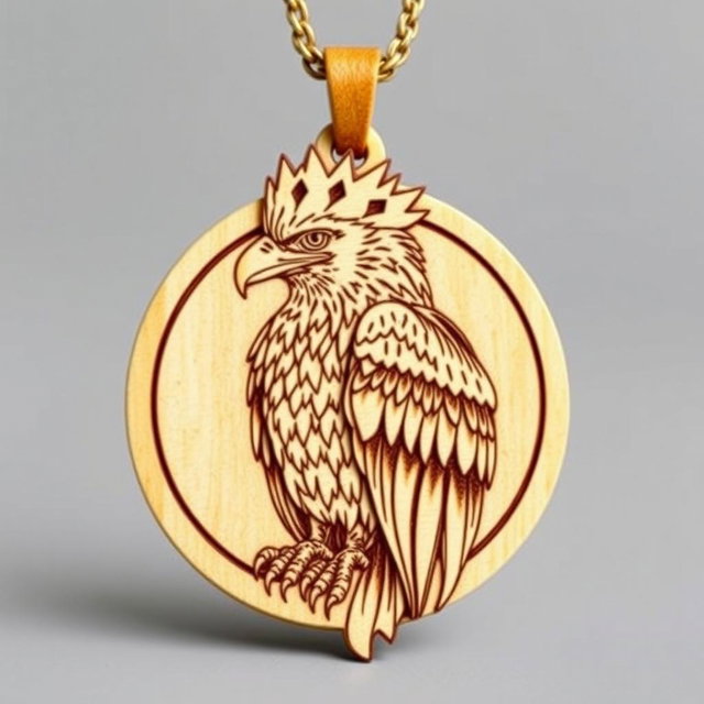 A beautiful detailed engraving of a majestic African crowned eagle, symbolizing strength, suitable for a carved wooden necklace